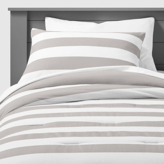 Full/Queen Rugby Striped Kids' 3pc Comforter Set Gray - Pillowfort