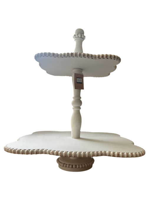 Two Tiered Beaded Tray - White