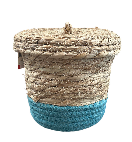 Rope and Straw Storage Basket with Lid - Teal