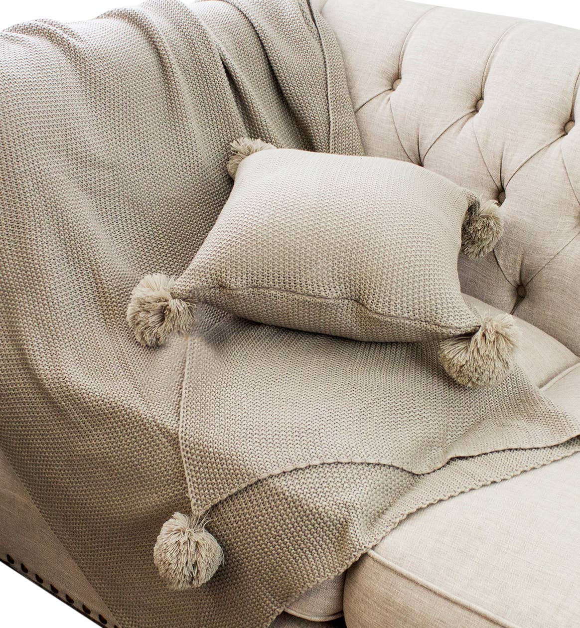 Khaki Chunky Knit Pom Pom Decorative Throw Pillow: Cover + Insert
