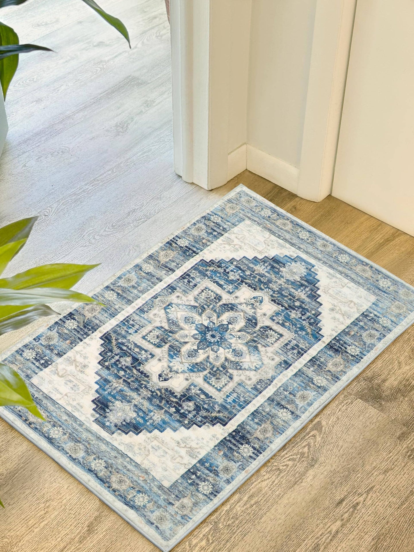 Area Rug Washable Non Slip Rubber Backing Boho Foldable Rugs: Navy blue / 5’x7’