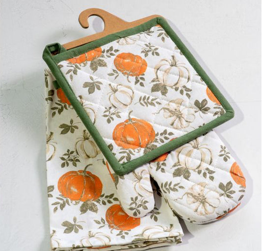 3 PC Fall Pumpkin Mit, Towel & Potholder Set
