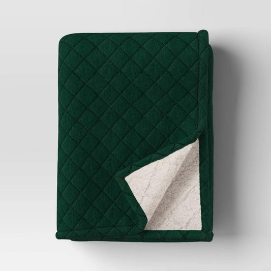 Quilted Jersey Throw Blanket with Faux Shearling Reverse Heathered Green - Room Essentials