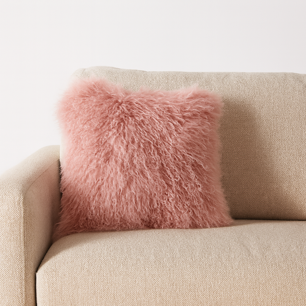 16" Rose Pink  Mongolian Lamb Fur Throw Pillow