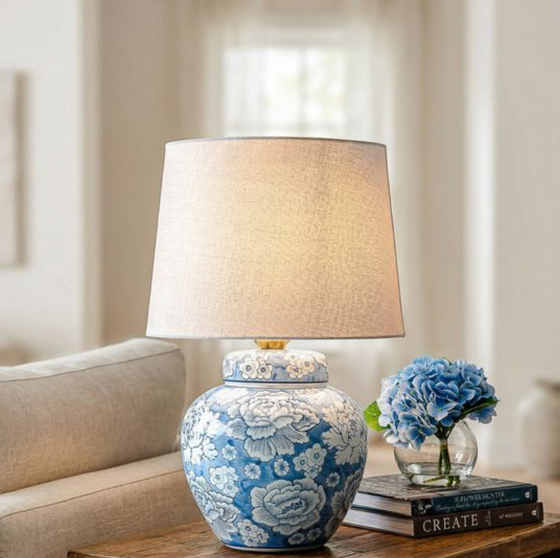 19.7" Blue Floral Pattern Ceramic Lamp