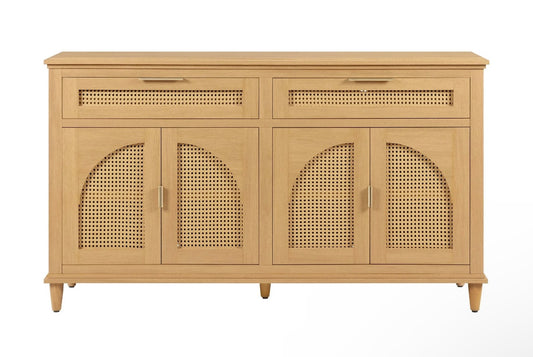 Beautiful Drew Rattan Media Console with Teched Away Drawer by Drew Barrymore, Warm Honey Finish
