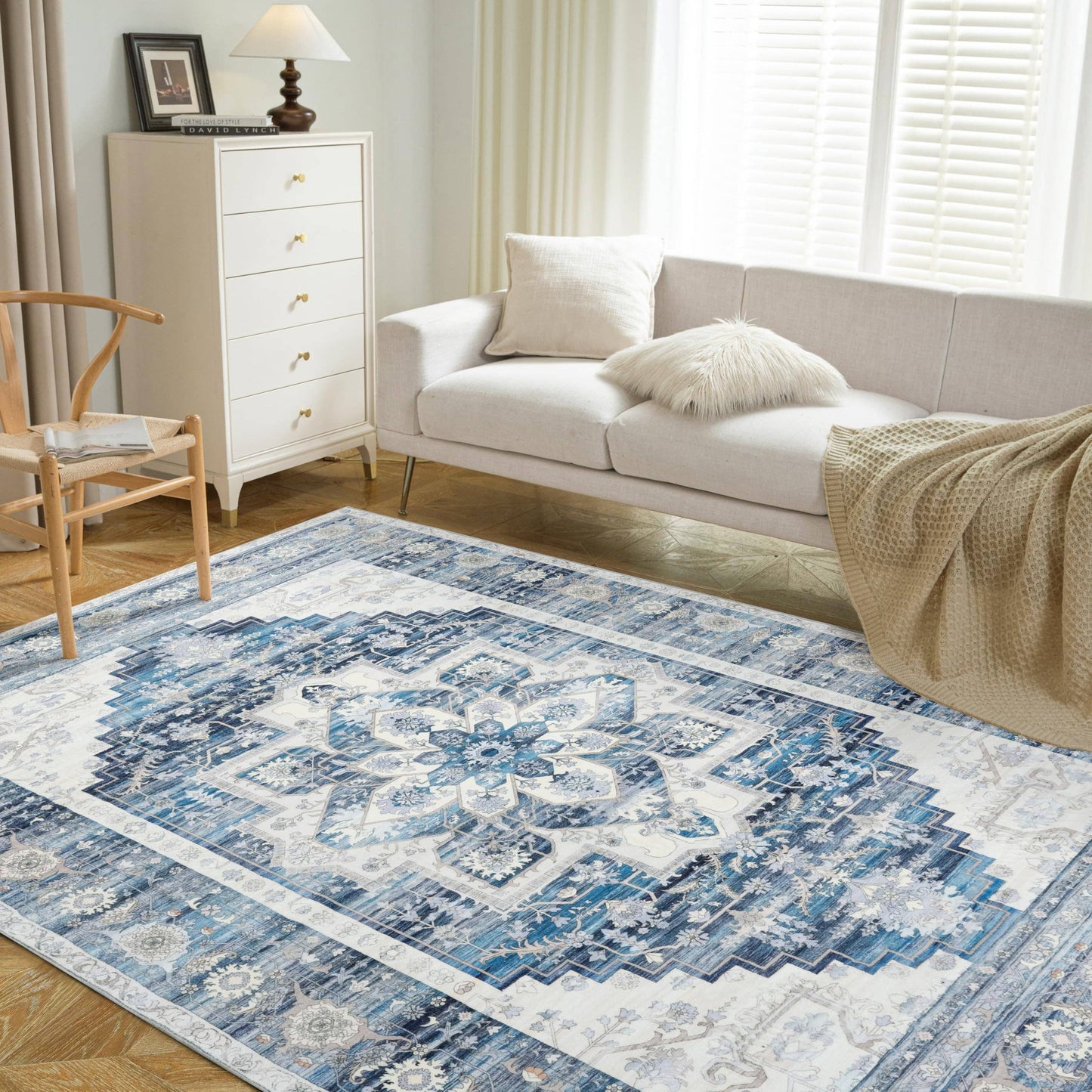 Area Rug Washable Non Slip Rubber Backing Boho Foldable Rugs: Navy blue / 5’x7’