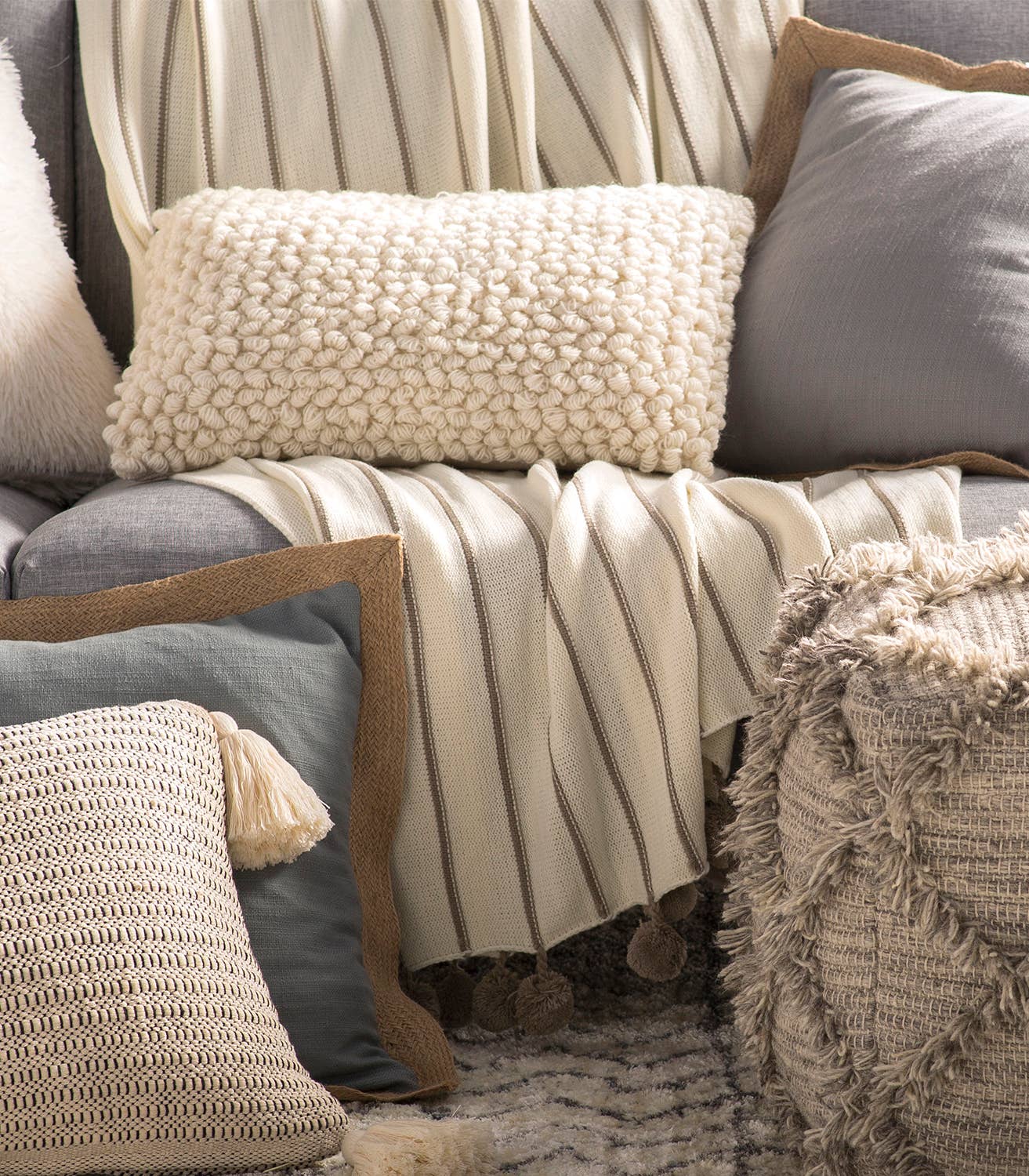 Ivory Pom pom Striped Woven 50"x60" Throw Blanket