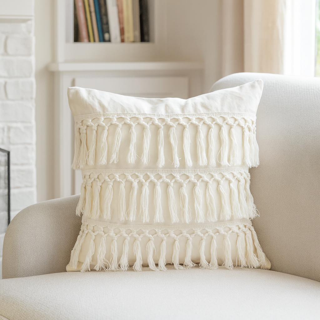 White Fringed Cotton 18x18 Decorative Throw Pillow : Cover + Inserts