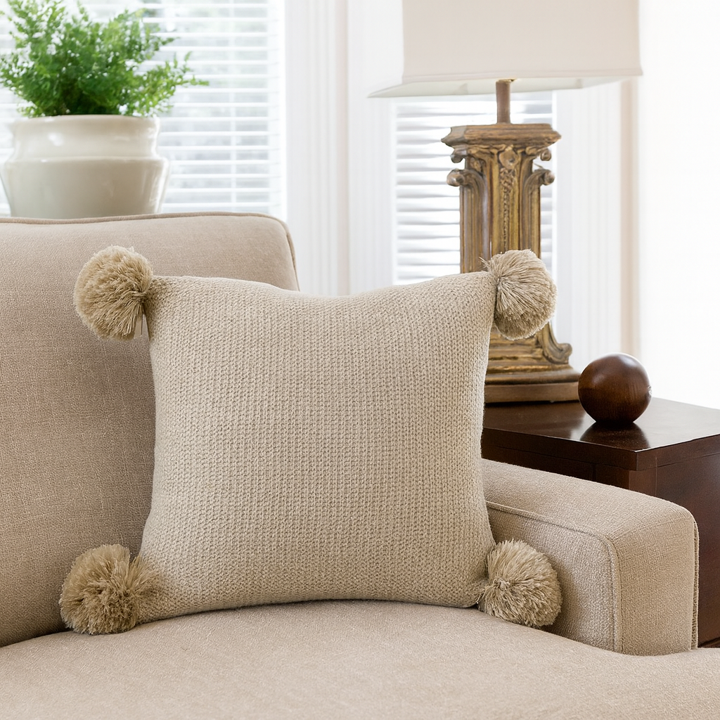 Khaki Chunky Knit Pom Pom Decorative Throw Pillow: Cover + Insert