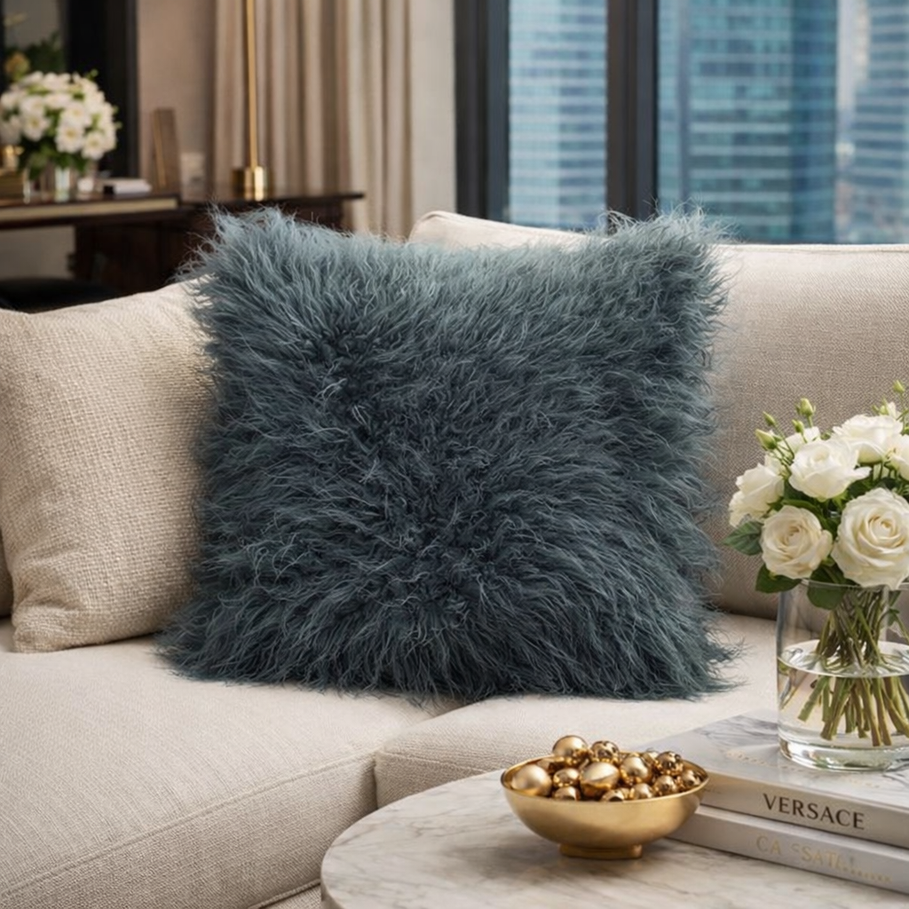Slate Faux Mongolian Fur 18" Filled Throw Pillow