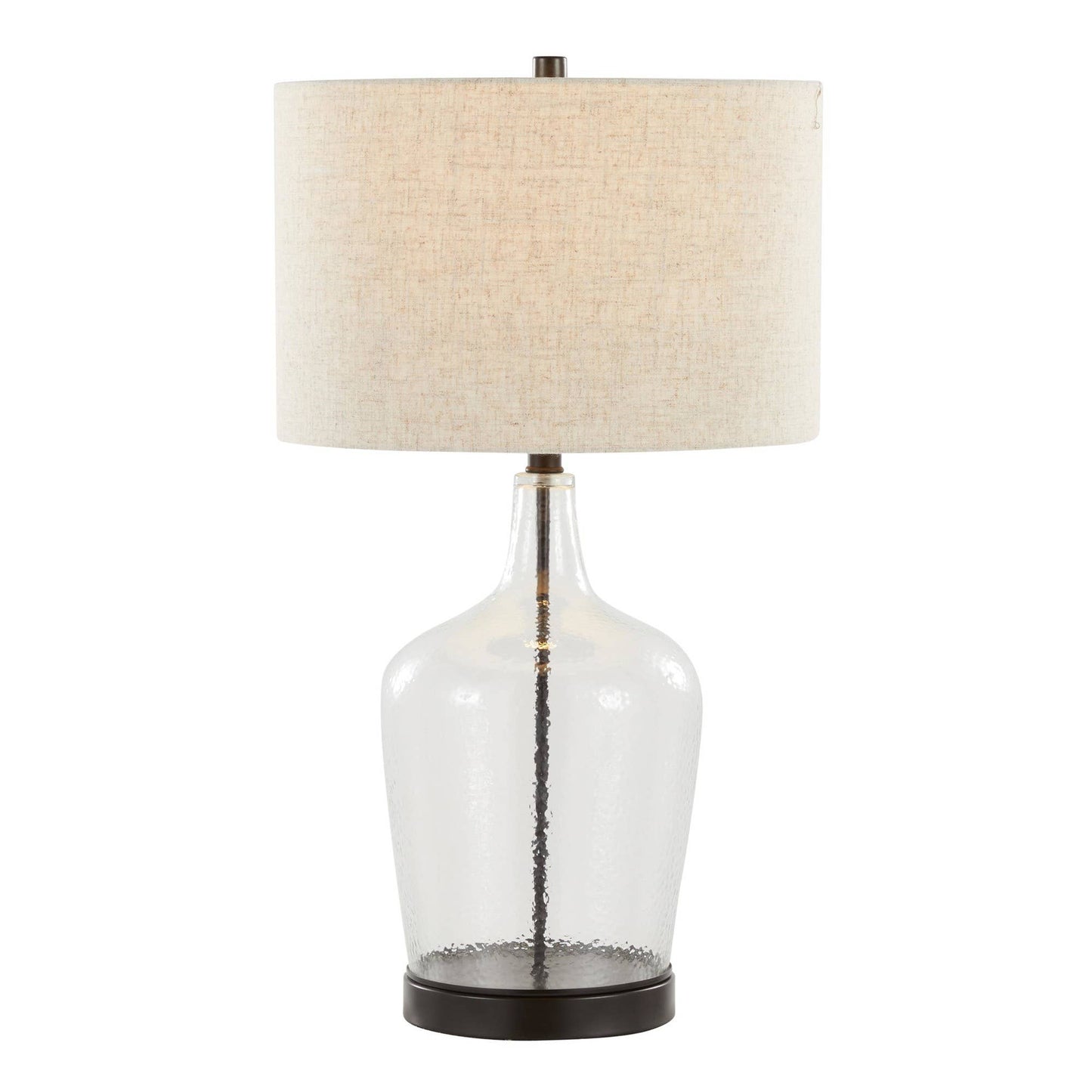 Botella 28" Glass Table Lamp with USB: Clear Dimpled Glass, Oil Bronze Metal, Natural Linen