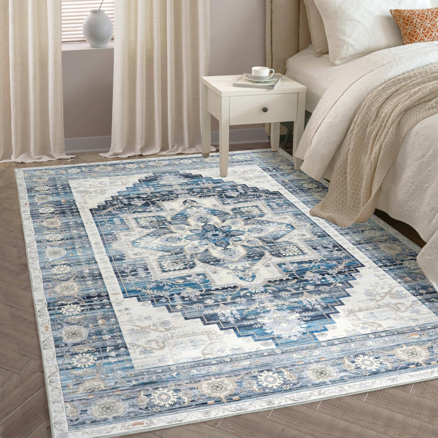 Area Rug Washable Non Slip Rubber Backing Boho Foldable Rugs: Navy blue / 5’x7’