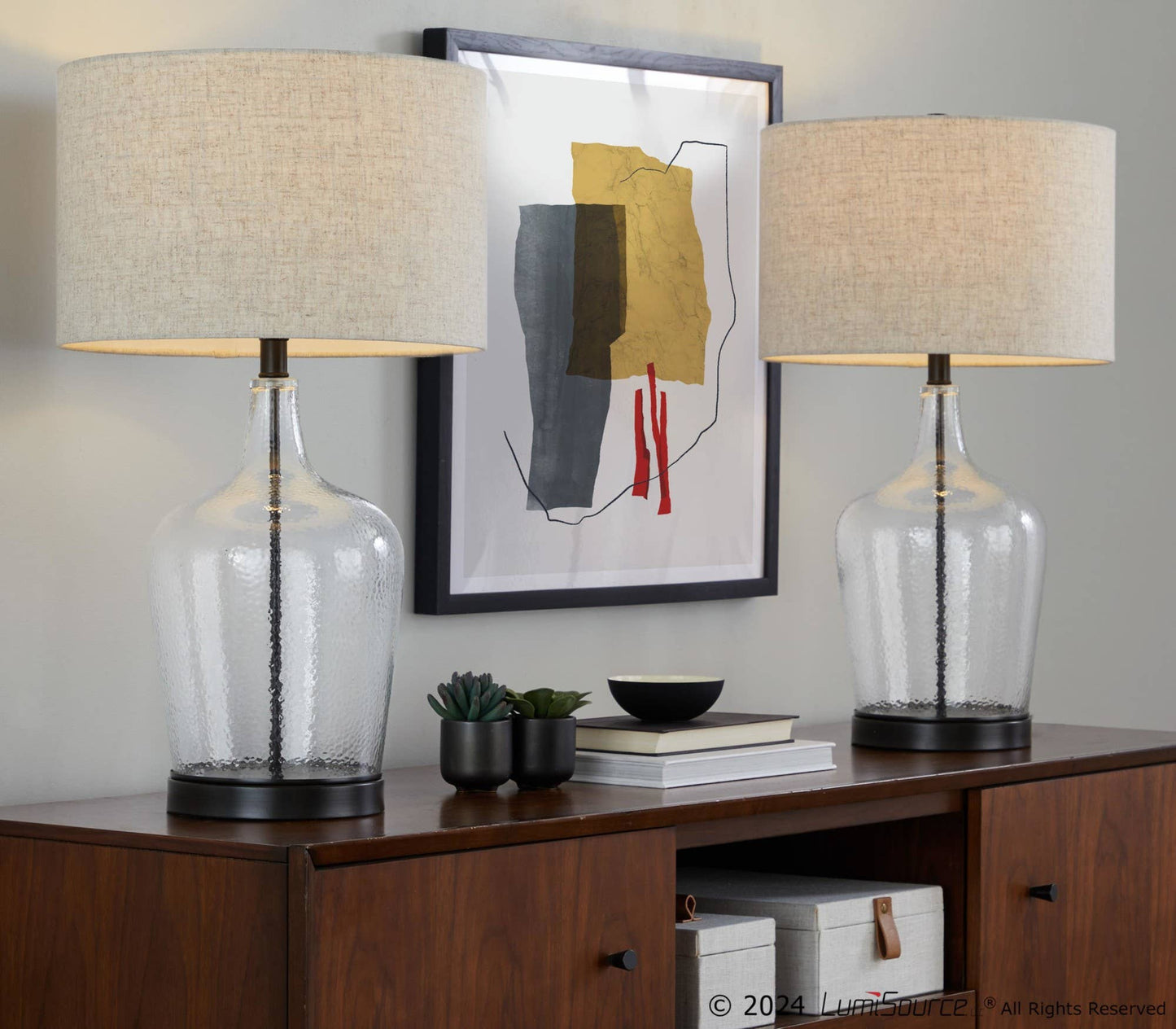 Botella 28" Glass Table Lamp with USB: Clear Dimpled Glass, Oil Bronze Metal, Natural Linen