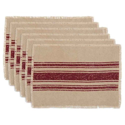 Yuletide 13”x19” Creme Red Striped Cotton Burlap Placemat Set of 6
