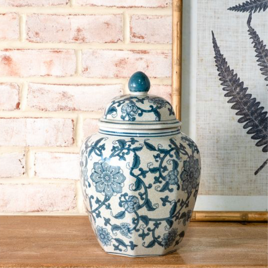 10" Blue Floral Ginger Jar W/Lid