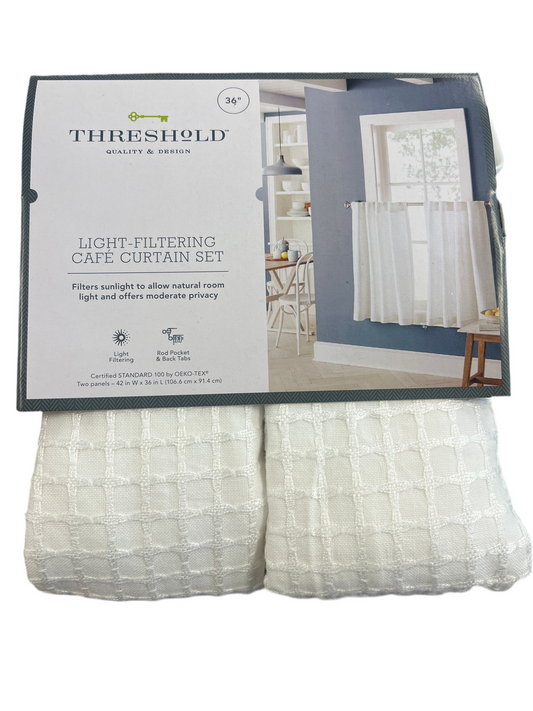 36” Light-Filtering White Honeycomb Cafe Curtain Set