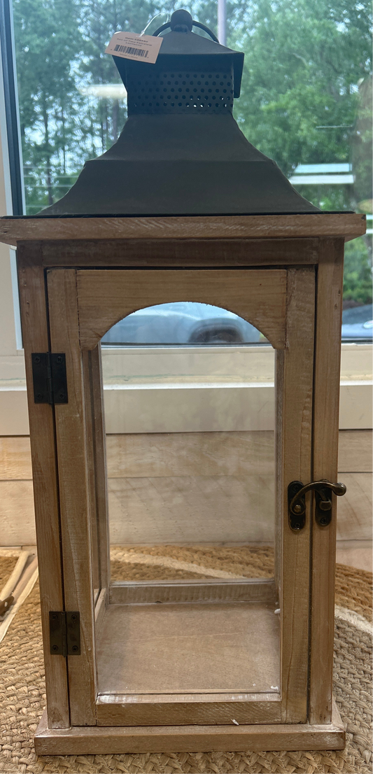 Medium Wood Lantern with Glass and Metal - As Is