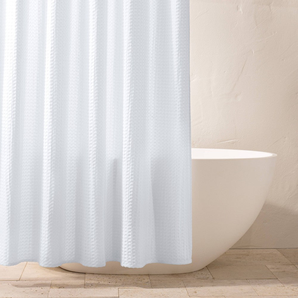 Waffle Shower Curtain White - Casaluna™: Cotton Blend, Machine Washable