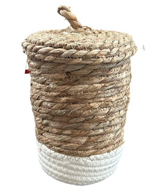 Rope and Straw Storage Basket with Lid - White