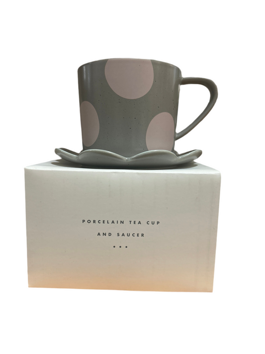 Porcelain Tea Cup and Saucer - Grey / Pink Dot