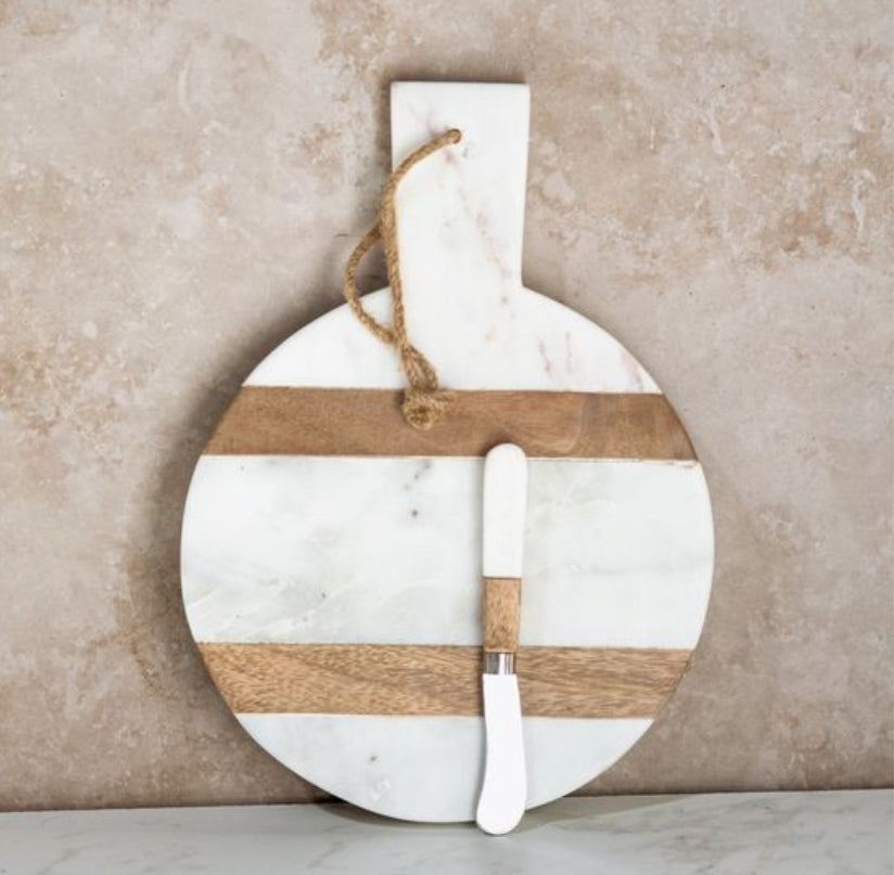 White Marble & Wood Cutting Board w/Knife