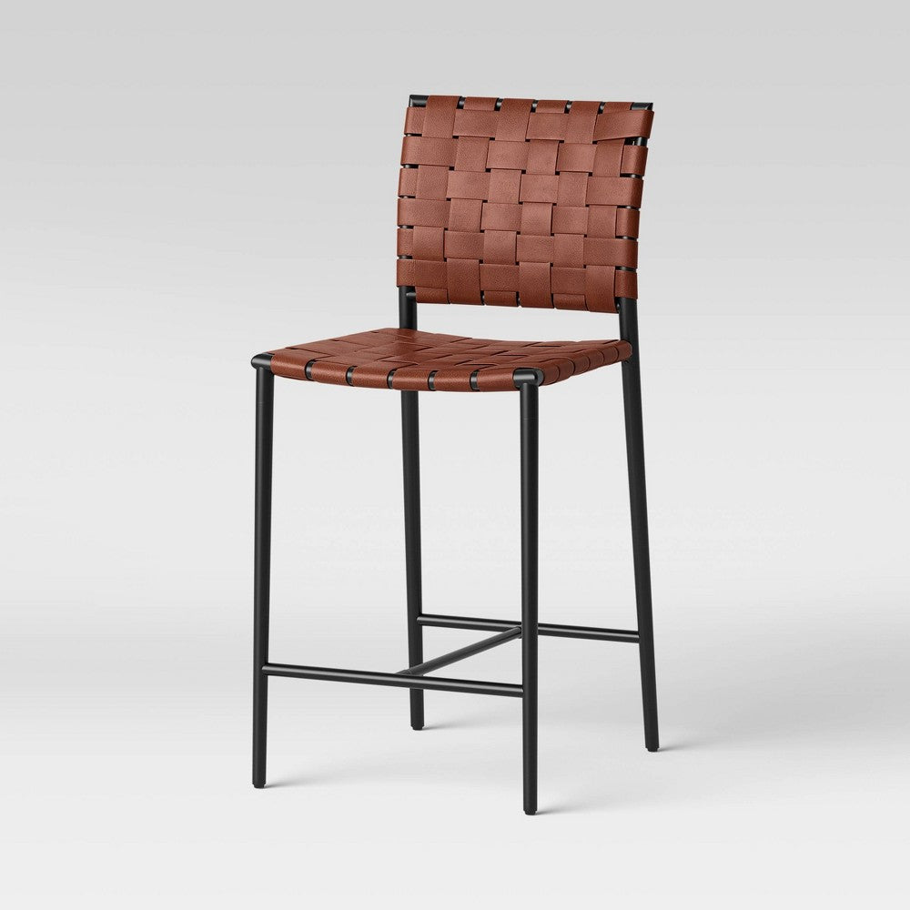 24” Wellfleet Woven Faux Leather Metal Base Counter Height Barstool Brown - Threshold