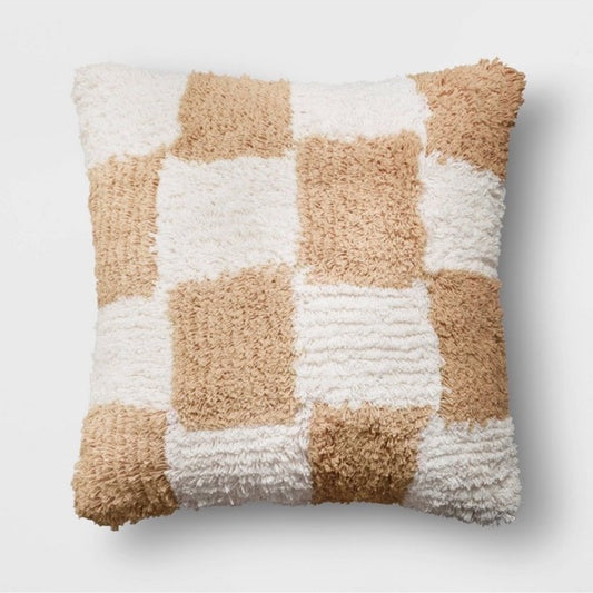 Room Essentials Tufted Beige/White Checkerboard Cotton Square Throw Pillow