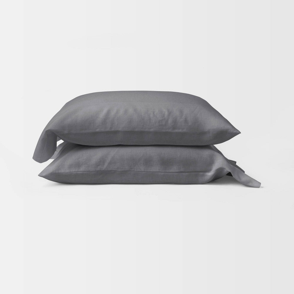 King 100% Washed Linen Solid Pillowcase Set Dark Gray - Casaluna