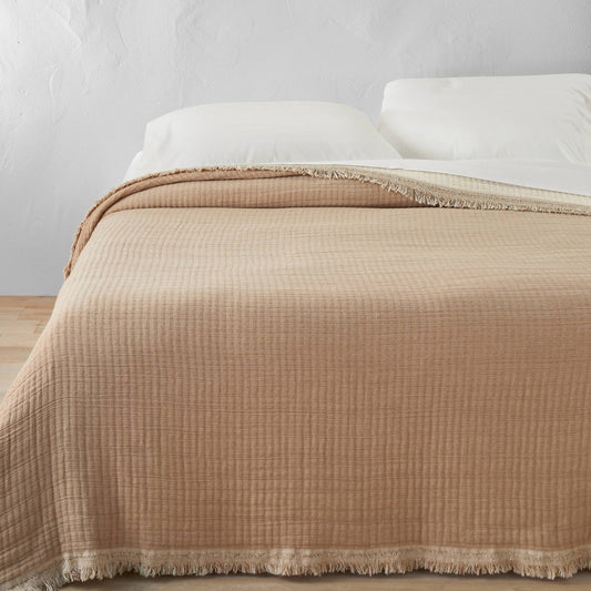 As Is Full/Queen Reversible Textured Cotton Chambray Coverlet Natural/Warm Brown - Casaluna