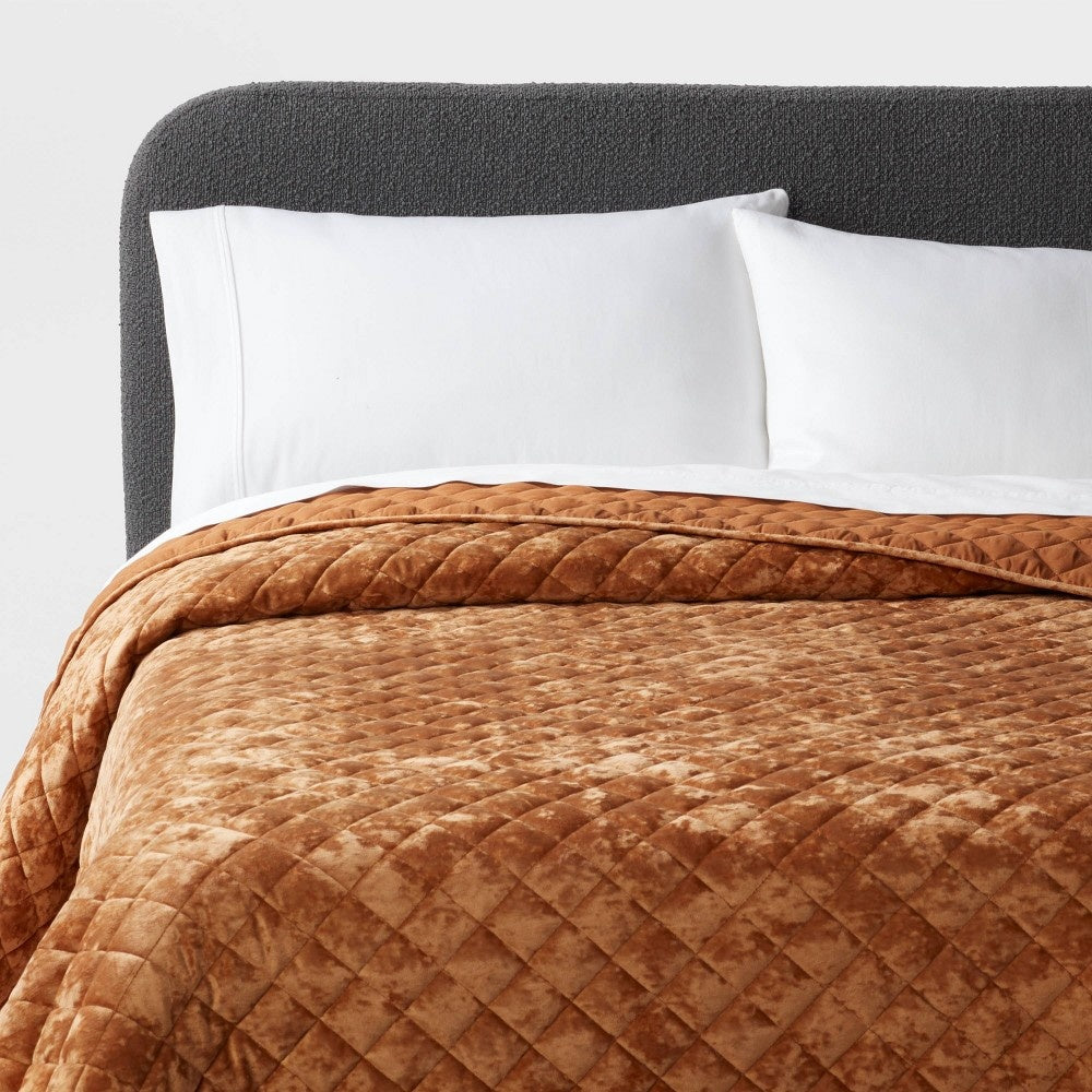 As Is King Luxe Diamond Stitch Velvet Quilt Camel - Threshold