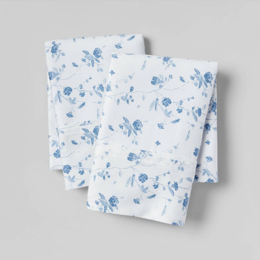 As Is Standard Printed Performance 400 Thread Count Pillowcase Set White/Blue Floral - Threshold