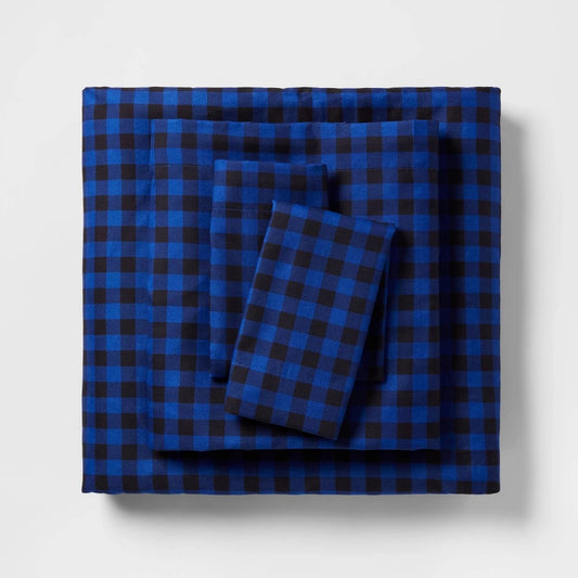 Twin/Twin Extra Long Microfiber Sheet Set Blue/Black Gingham - Room Essentials™