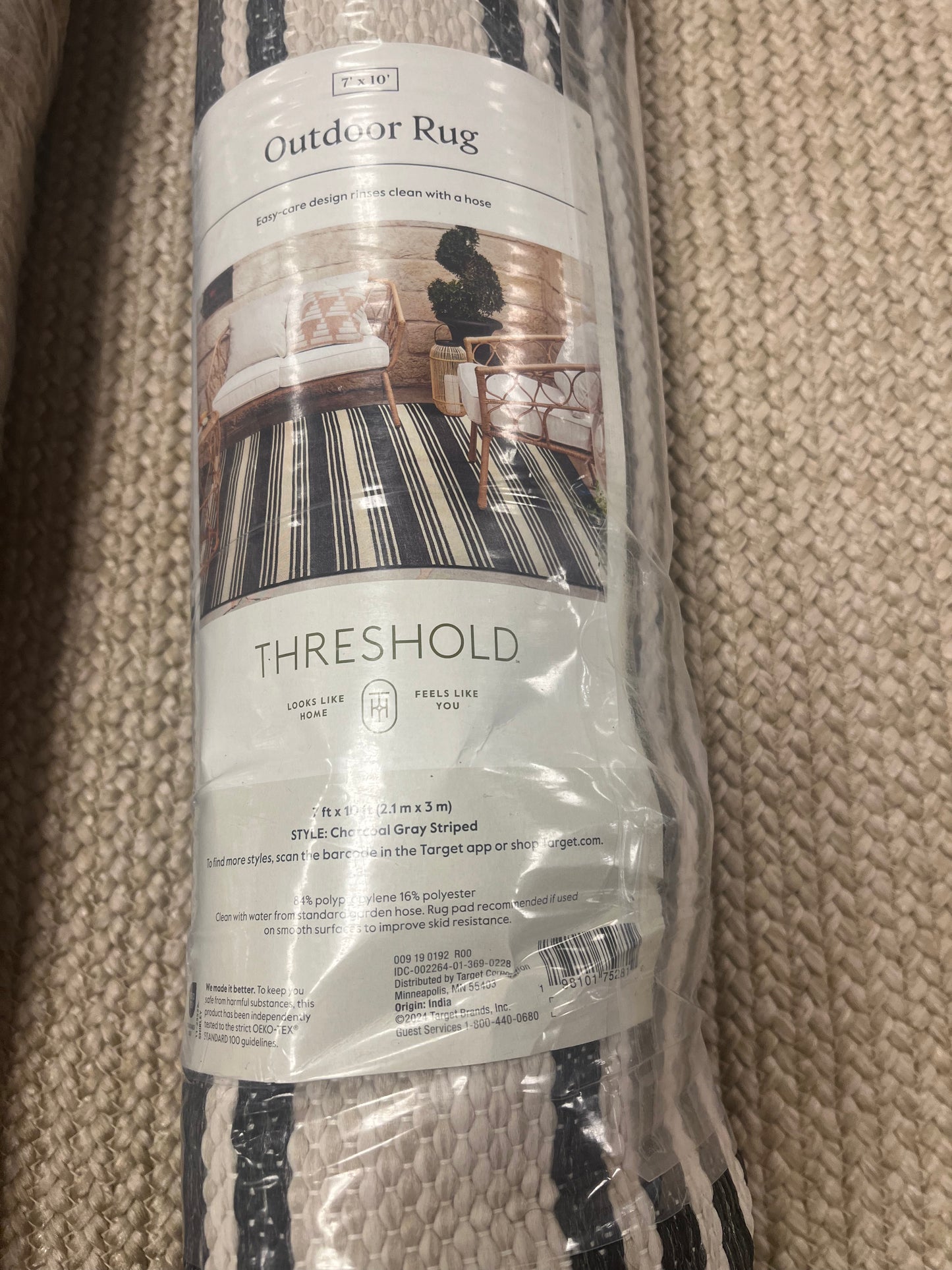 7 ’x 10’ Woven Rectangular Outdoor Area Rug Charcoal Grey Striped - Threshold