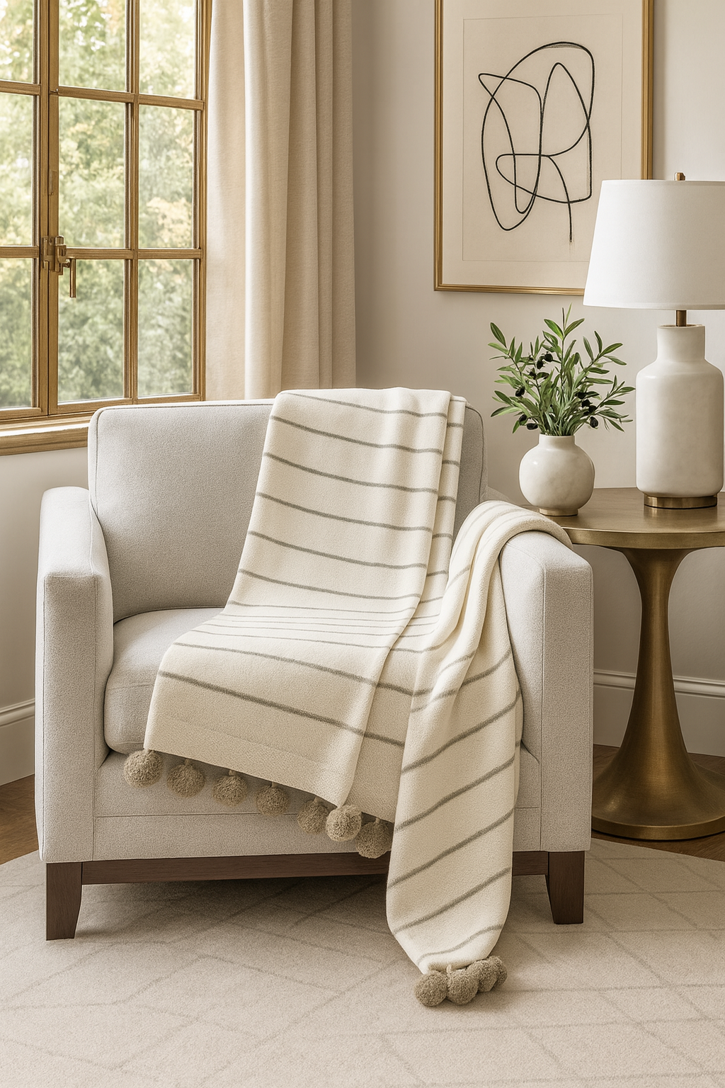 Ivory Pom pom Striped Woven 50"x60" Throw Blanket