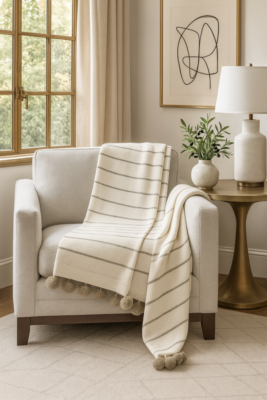 Ivory Pom pom Striped Woven 50"x60" Throw Blanket