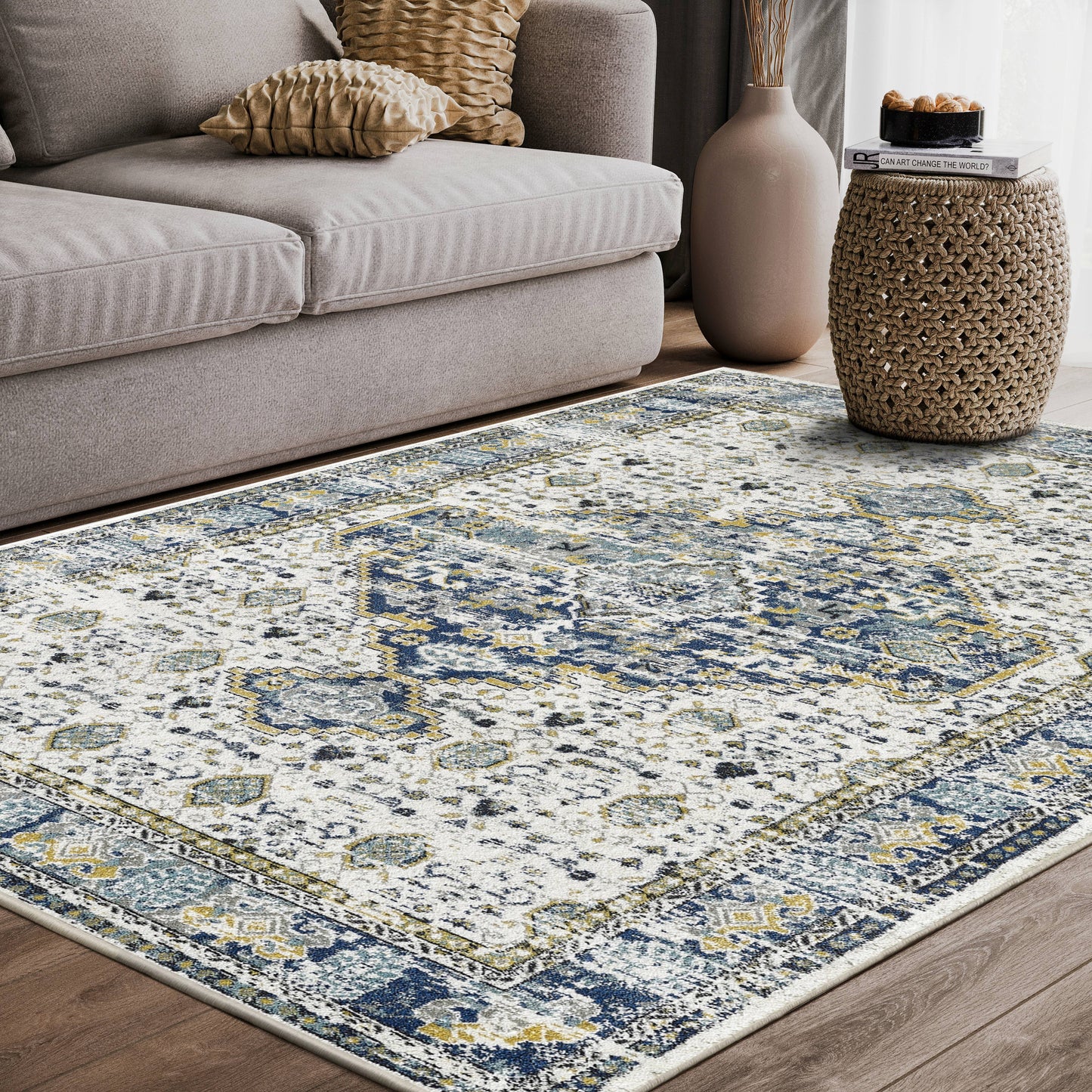 Abani Porto Traditional Medallion Blue and Ivory Area Rug: 7'9" x 10'2"
