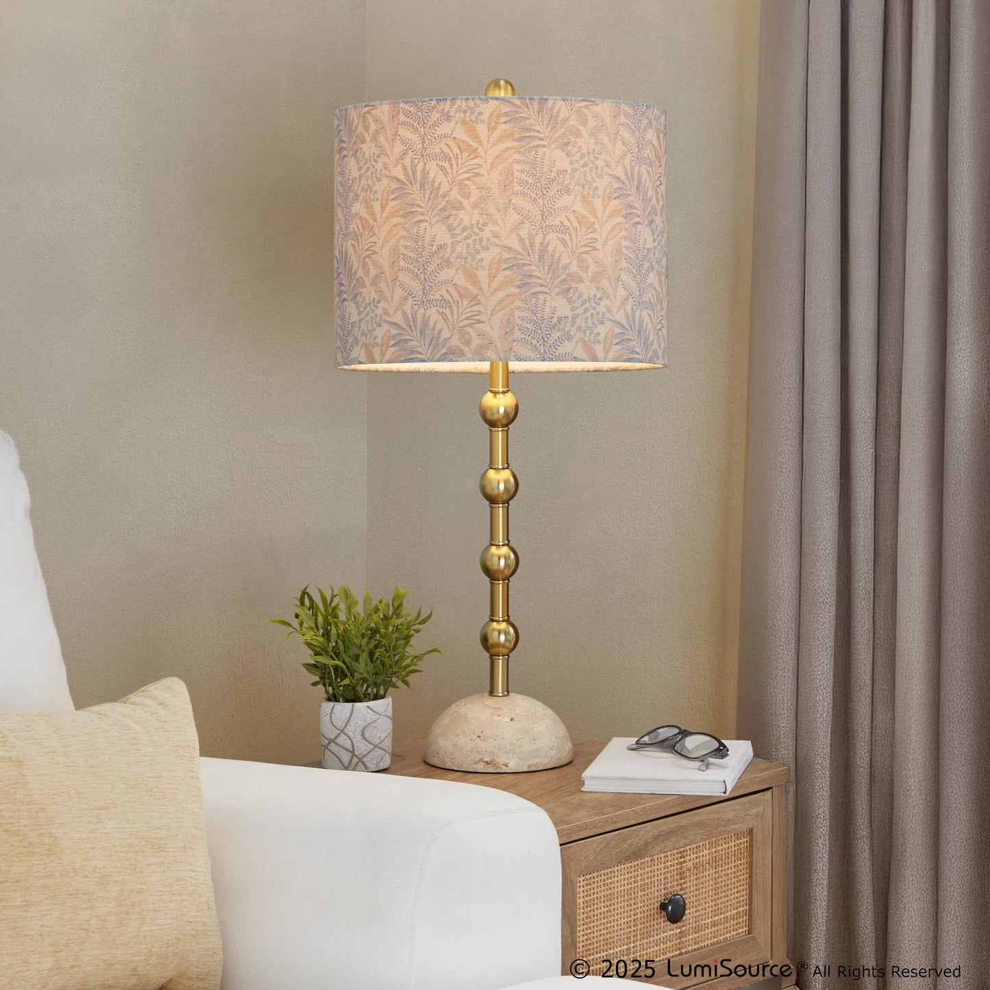 Malibu 27" Table Lamp in Travertine: Travertine, Gold Metal, Tan Leaf Shade
