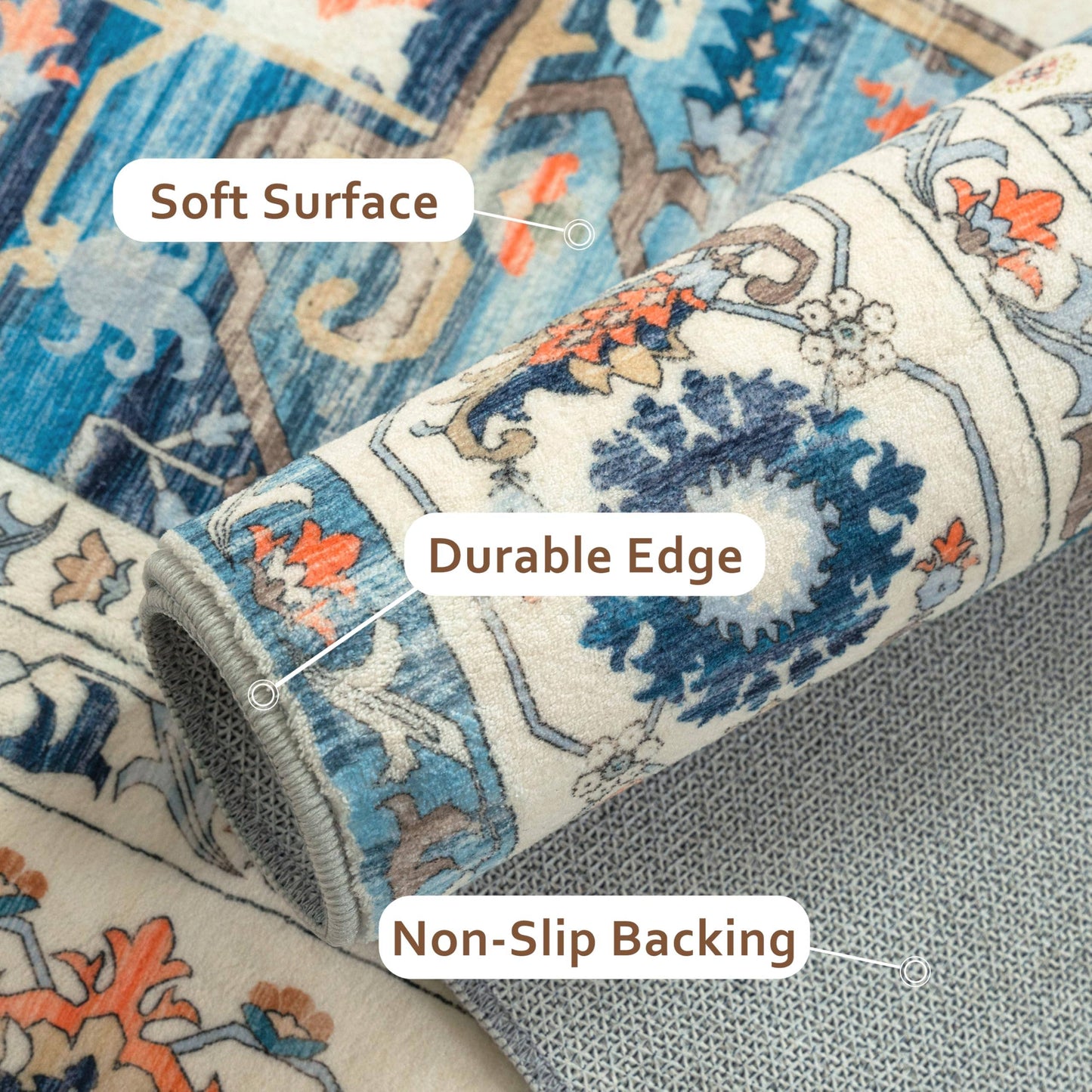 Area Rug Washable Non Slip Rubber Backing Boho Foldable Rugs: Blue/Orange / 8’x10’