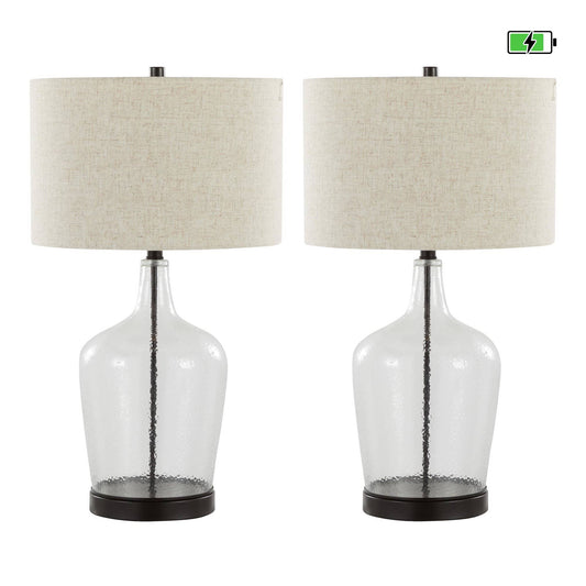 Botella 28" Glass Table Lamp with USB: Clear Dimpled Glass, Oil Bronze Metal, Natural Linen