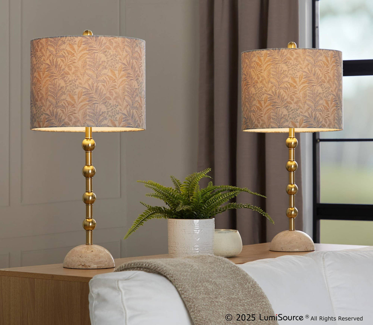 Malibu 27" Table Lamp in Travertine: Travertine, Gold Metal, Tan Leaf Shade