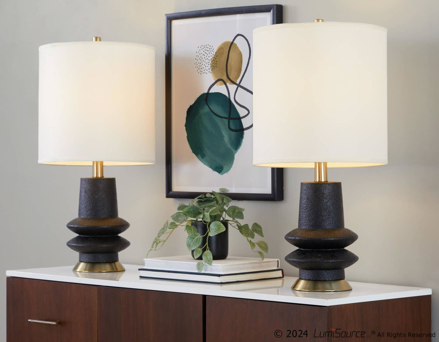 Lloyd 26" Polyresin Table Lamp: Sanded Matte Black Polyresin, Modern Brass, White Linen