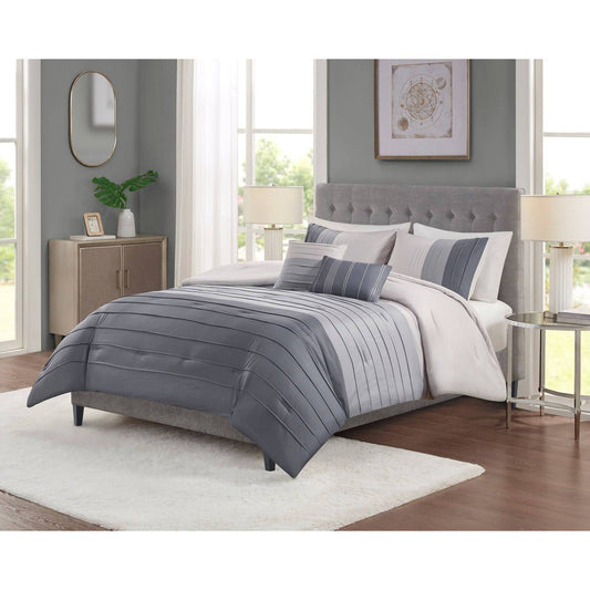 King Boston Pleated Colorblock 5pc Comforter Bedding Set - Gray