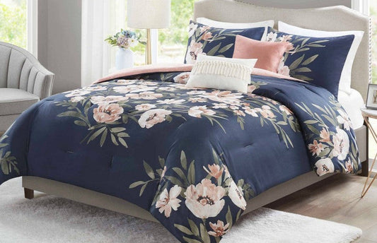 5pc King Leilani Floral Print Comforter Bedding Set - Navy/Blush