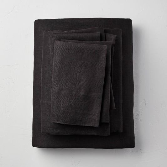 King 100% Washed Linen Solid Sheet Set Washed Black - Casaluna