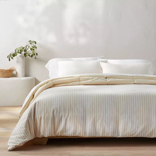 Heavyweight Linen Blend Stripe Comforter & Sham Set Natural Full / Queen - Casaluna