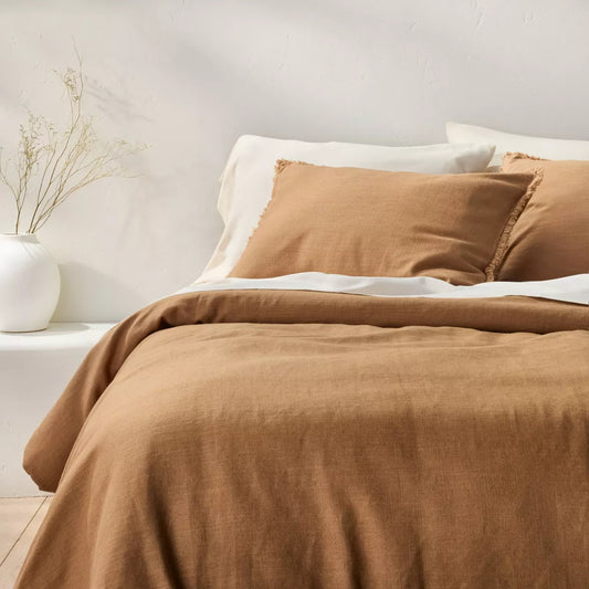 Heavyweight Linen Blend Comforter & Sham Set Full/Queen Warm Brown - Casaluna