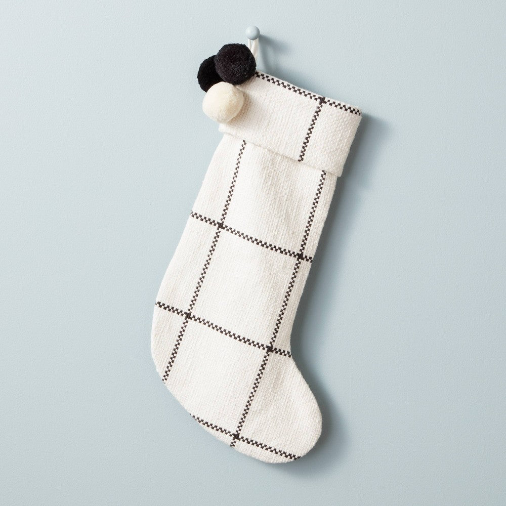 Windowpane Plaid Poms Stocking Cream/Gray - Hearth & Hand with Magnolia