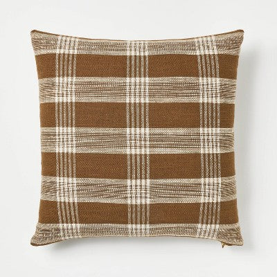 Woven Plaid Square Throw Pillow with Zipper Pull Brown - Threshold Studio McGee
