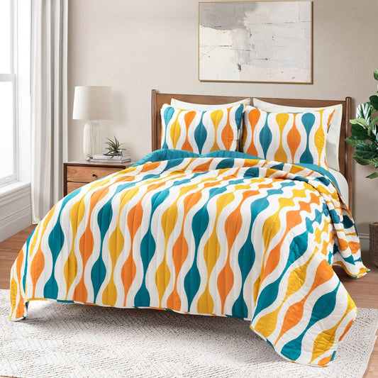 3pc King Mid Century Geo Quilt Set Turquoise/Orange - Lush Décor